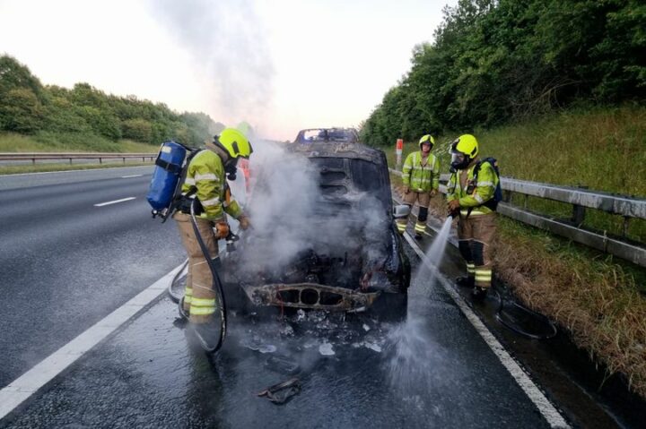 BMW burns to ashes on the motorway after an electrical fault near Barnsley